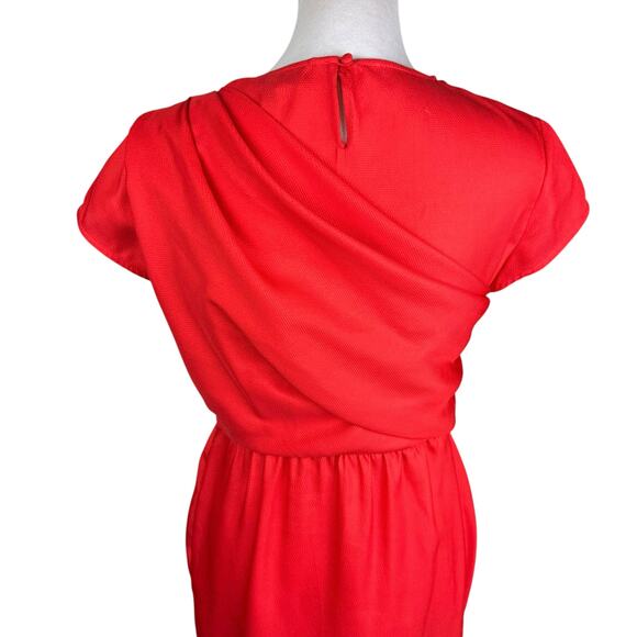 Julie Dillon Red Orange Textured Satin Crossover Sash Short Sleeve Sheath Dress - Picture 6 of 11